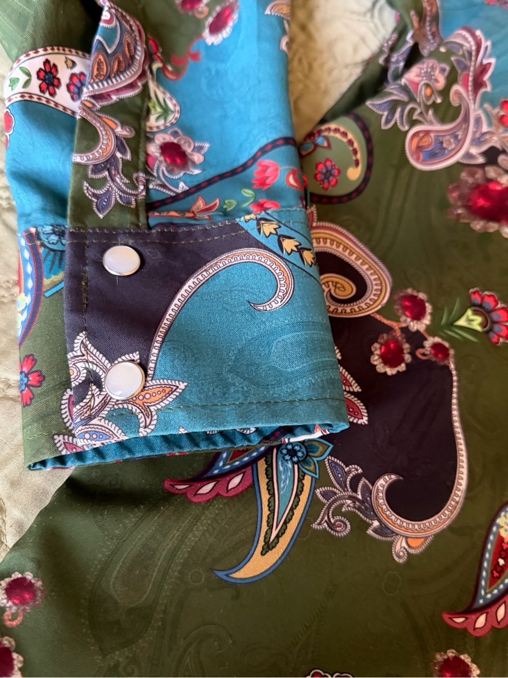 The American West Gemstone Paisley Snap Shirt M Olive Turquoise Western Cowgirl - Picture 6 of 11